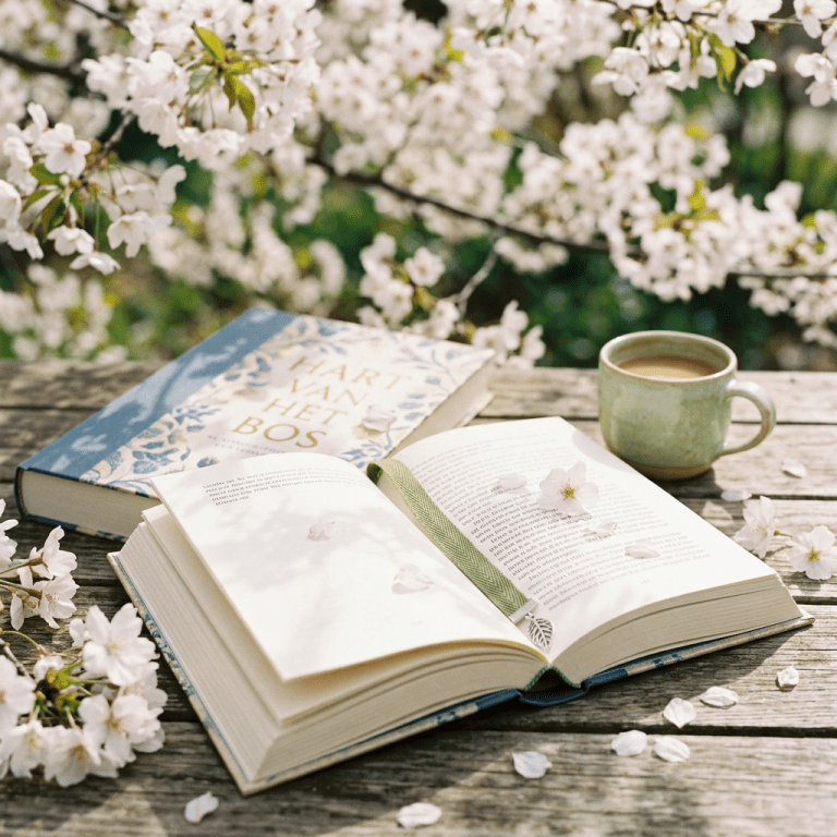 Open book with flower bookmark, closed book, coffee cup, and cherry blossom petals on rustic wooden table